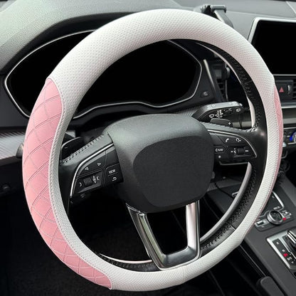 LKWLIKEI Nappa Leather Steering Wheel Cover,Elegant Diamond Checkered Design, Non-Slip wear-Resistant, Enhance Driving Comfort, Suitable for Steering Wheel Diameter 14 1/2‘-15’ Models.White and Pink