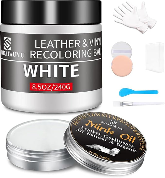 SHADAIWUYU 8.5oz Leather Recoloring Balm with 100ml Mink Oil,White Leather Repair kit for Furniture and Car Interior,Leather Couch Scratch Repair,Leather Dye Paint,Mink Oil for Leather