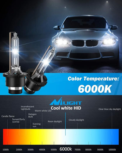 Nilight D4S HID Bulbs, 6000K Diamond White Xenon Replacement D4S HID Headlight Bulb,350% Lighting Distance Super Bright High for 12V Cars, IP67 Design with Metal Stents Base, 2 Years Warranty