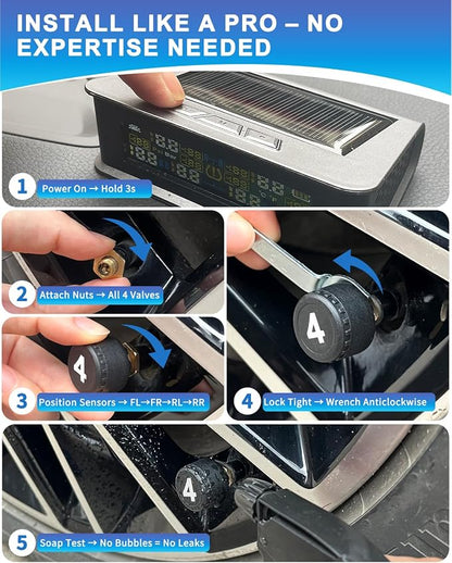 RV Tire Pressure Monitoring System with 6 Sensors, 6 Tire Positions Monitoring, 0-144 PSI Range, Solar & USB Rechargeable Display, Color Screen for RV, Trailer, Dually Truck and Tow Vehicle