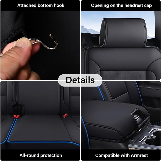 Coverado Silverado Seat Covers Full Set, Faux Leather Car Seat Covers Fit for Chevy Silverado GMC Sierra 2007-2013 & 2019-2026 1500, 2020-2026 2500HD 3500HD Crew Double Extended Cab(Blueline)