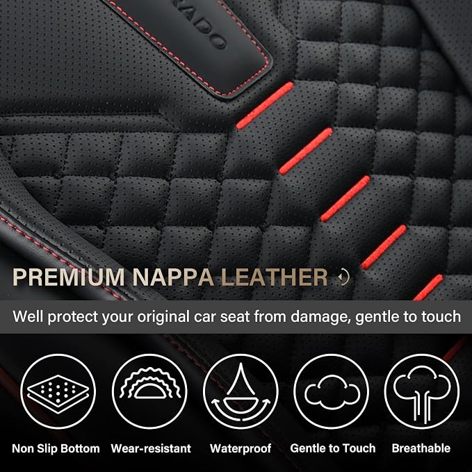 Coverado Car Seat Covers, Front Seat Cover, Waterproof Nappa Leather Seat Covers for Cars, 2 Pack Car Seat Protectors, Driver Seat Cover, Automotive Seat Covers Universal Fit for Most Cars, Black&Red