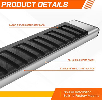 6.7" Running Boards Side Steps for Truck Compatible with 2007-2019 Chevy Silverado/GMC Sierra 1500 2500HD 3500HD Extended Cab, Stainless Steel Flat Side Steps Nerf Bars, Chrome