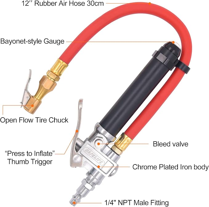 Tire Inflator 10-120 PSI Tire Pressure Gauge with 12 Inch Air Hose，Lock on Air Chuck, Heavy Duty 1/4'' NPT Tire Inflator Gauge Compatible with Air Pump Compressor for Car Truck Motorcycle Bike