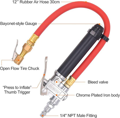 Tire Inflator 10-120 PSI Tire Pressure Gauge with 12 Inch Air Hose，Lock on Air Chuck, Heavy Duty 1/4'' NPT Tire Inflator Gauge Compatible with Air Pump Compressor for Car Truck Motorcycle Bike