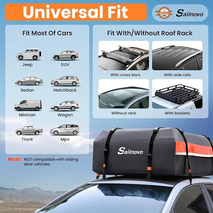 Sailnovo Car Rooftop Cargo Carrier 15 Cubic Feet, Waterproof 1000D PVC Car Roof Bag with Anti-Slip Mat, Combination Lock, Storage Bag, Door Hooks & Tie-Down Strap fit Vehicle with/Without Luggage Rack