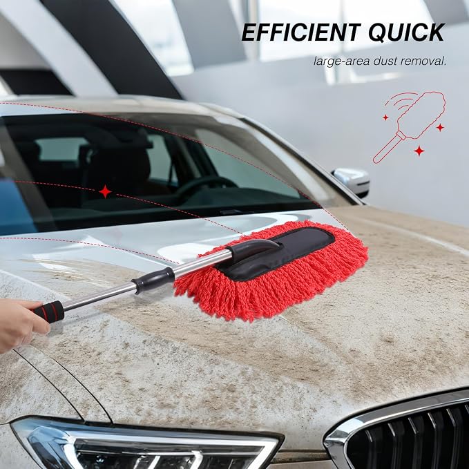 IPELY 3 Pack Large Red Microfiber Car Duster Exterior Scratch Free with Extendable, Car Duster Interior Multipurpose dust Cleaning
