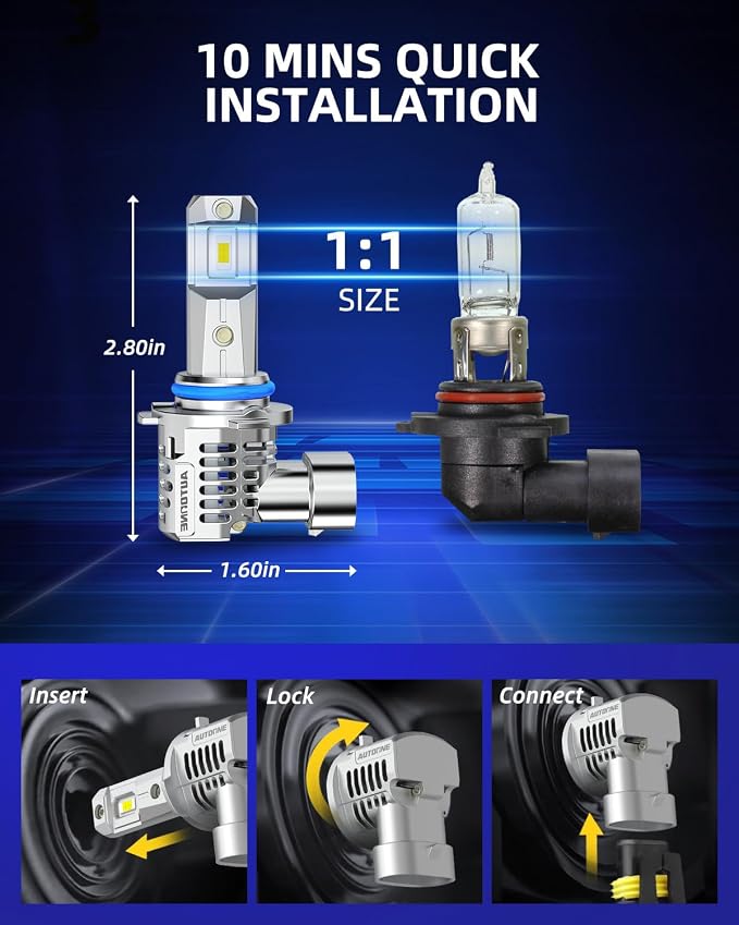 AUTOONE H11/H8/H9 9005/HB3 Light Bulbs Combo, 150,000LM Brightness, Canbus 1:1 Mini Size 6500K White IP68 Automotive Replacement