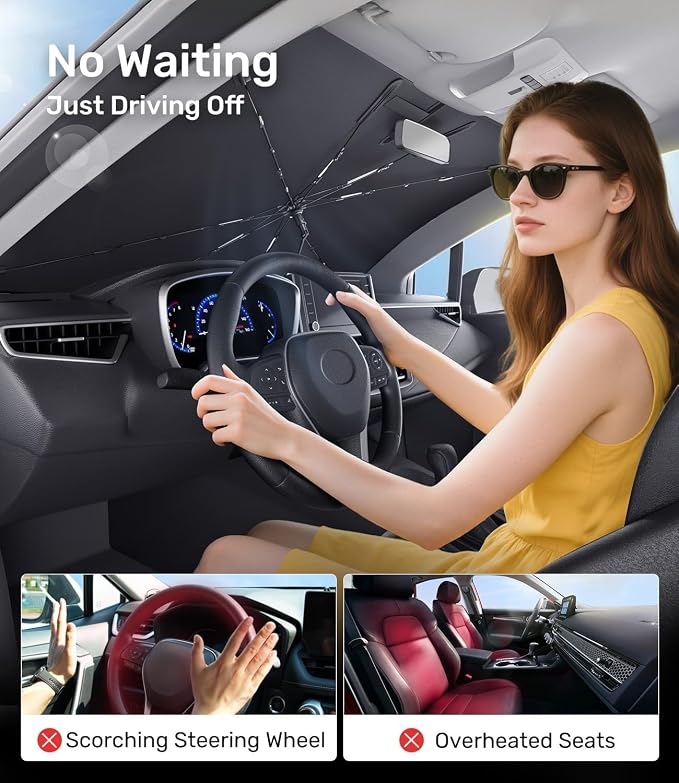 Zanch 2026 Upgraded Car Windshield Sun Shade [Cool Down by 75℉ ] with Heat Insulation Coating, Foldable Sunshade Umbrella with Flexible Handle & Ribs, Extra Small (51''x29'') for Compact Cars