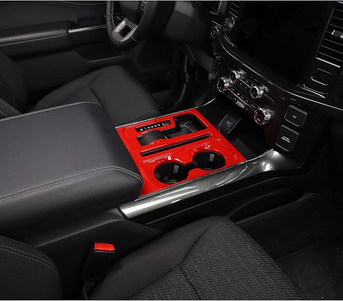Jimen Compatible with Ford F150 2021-2025, Center Console Gear Shift Panel Trim Cover (Red)