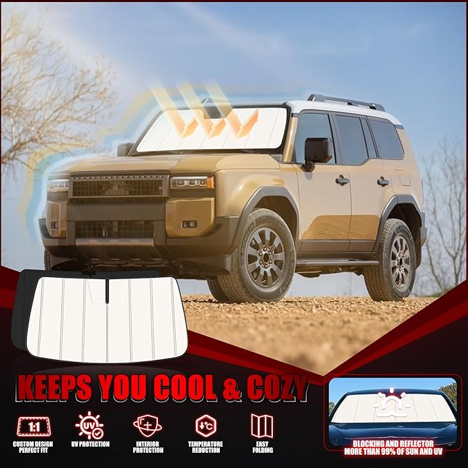 Windshield Sun Shade for Toyota Land Cruiser 2024-2025 2026, Front Window Visor Accessories, Folding Design Blocks Heat & UV Rays Maintain Cool Interior and Save Space