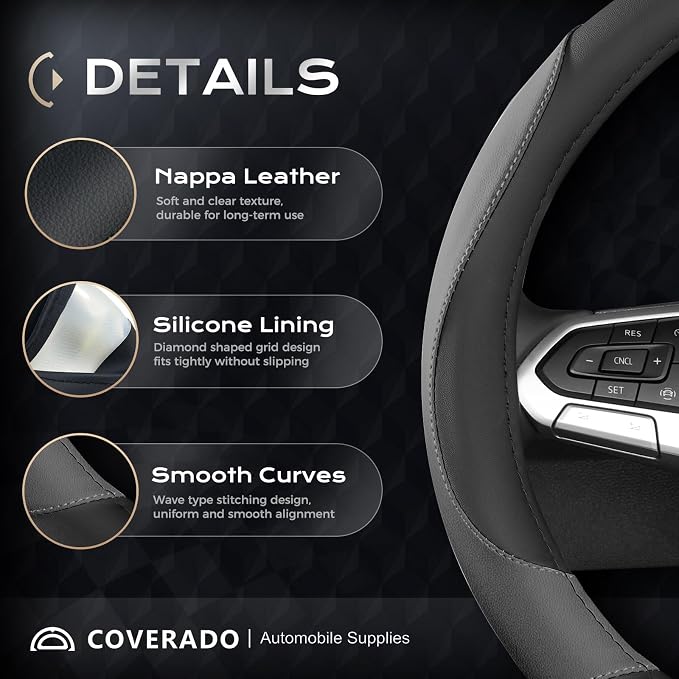 Coverado Nappa Leather Steering Wheel Cover Universal 14-15 Inch Anti-Slip Breathable Steering Wheel Protector Luxury Auto Decor for Men Women Black Gray