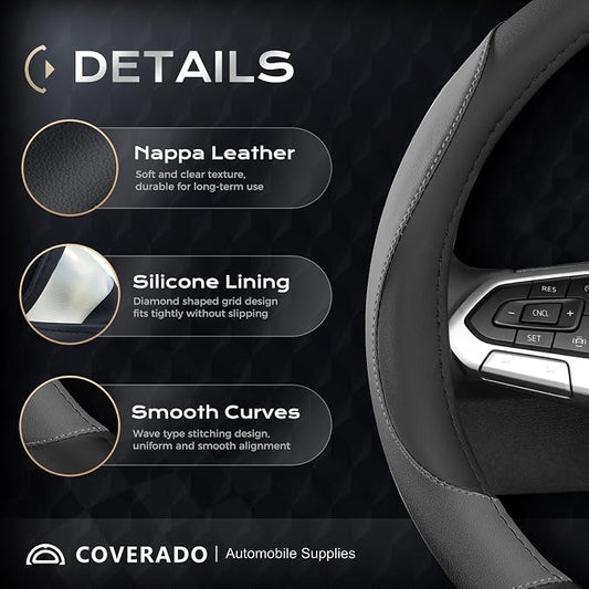 Coverado Nappa Leather Steering Wheel Cover Universal 14-15 Inch Anti-Slip Breathable Steering Wheel Protector Luxury Auto Decor for Men Women Black Gray