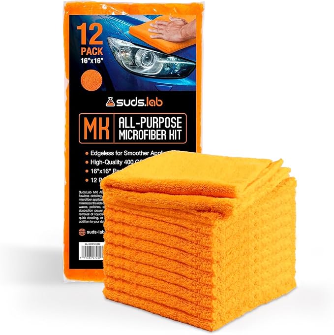 Suds Lab Premium 400 GSM Microfiber Towels for Car Detailing - 16"x16" Ultra-Soft, Edgeless, Scratch-Free Cloth, Dual-Weave, Pack of 12