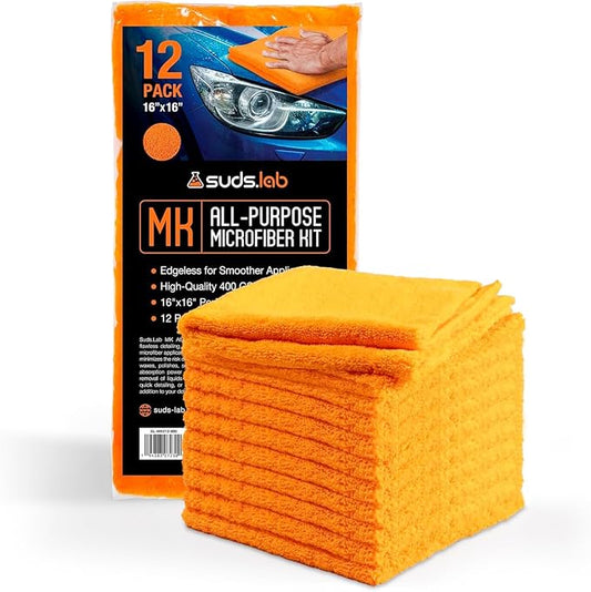 Suds Lab Premium 400 GSM Microfiber Towels for Car Detailing - 16"x16" Ultra-Soft, Edgeless, Scratch-Free Cloth, Dual-Weave, Pack of 12