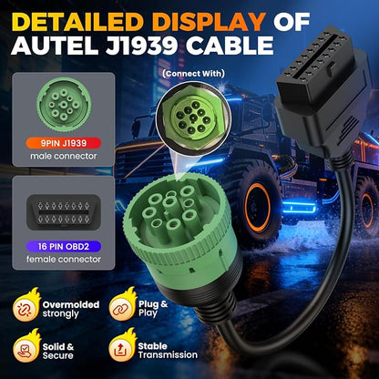 Autel Original Green Type 2 J1939 Male to 16pin Female OBD2 Adapter Cable, for Heavy Duty Trucks Scanner and Commercial Vehicles with 9pin Diagnostic Connector
