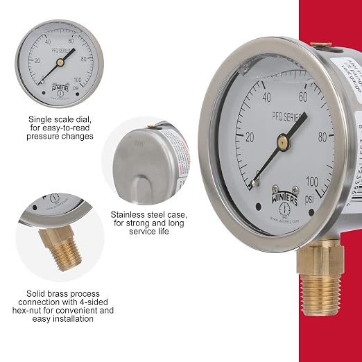 Winters 2-1/2" Dial Size, Liquid Filled Industrial Pressure Gauge, Brass Internals, 304 Stainless Steel Case, Single Scale 0-100 psi, 1.5% Acc, 1/4" NPT Bottom Mount, Glycerin Filled Pressure Gauge