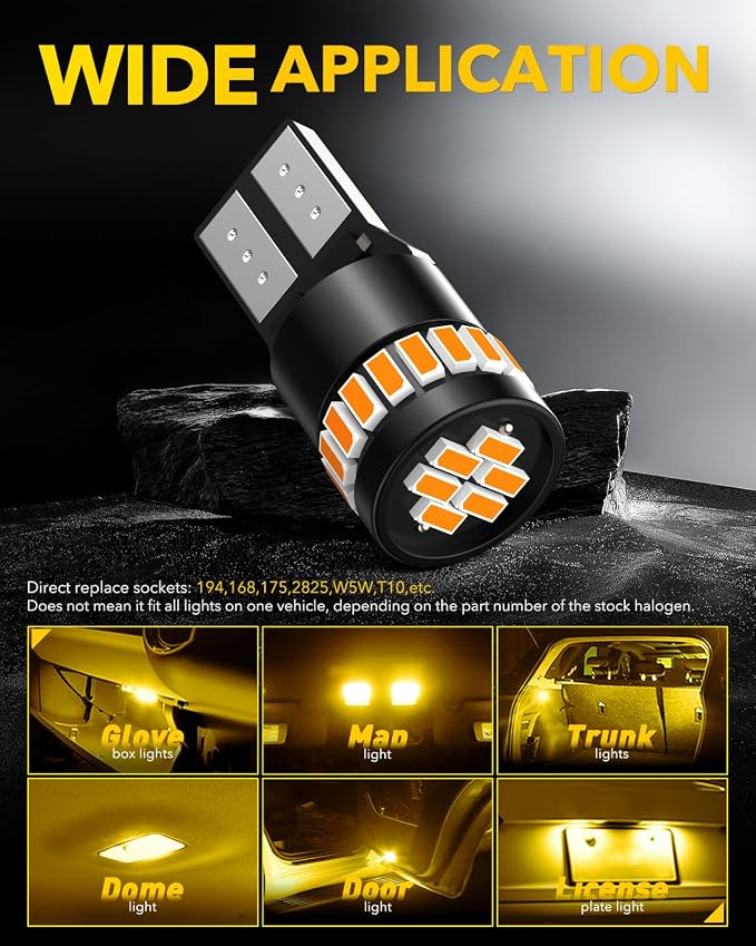 AUXITO 194 LED Bulb Amber Yellow Canbus Error Free, 168 175 2825 W5W T10 LED Replacement Light Kit for Car Interior Map Dome Trunk Exterior Marker License Plate Parking Lights, Pack of 2