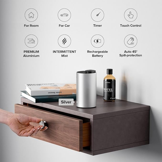 Airversa Waterless Essential Oil Diffuser for Home, Rechargeable and Portable Scent Diffuser with 3 Countdown Timers & Mist Levels for Car Room Studio Office, Scenta Lux Premium Metal Silver