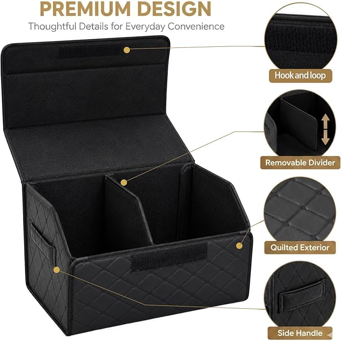 Leather Car Trunk Organizer with Lid,65L Foldable Storage Box for Universal Cars, SUVs, Sedans and MPVs, Removable Divider, Carry Handles, Black