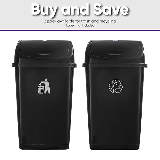 Superio Kitchen Trash Can 13 Gallon with Swing Lid, Plastic Garbage Can Outdoor and Indoor, Large 52 Qt Recycle Bin and Waste Basket for Home, Office, Garage, Patio, Restaurant (Black, 2 Pack)