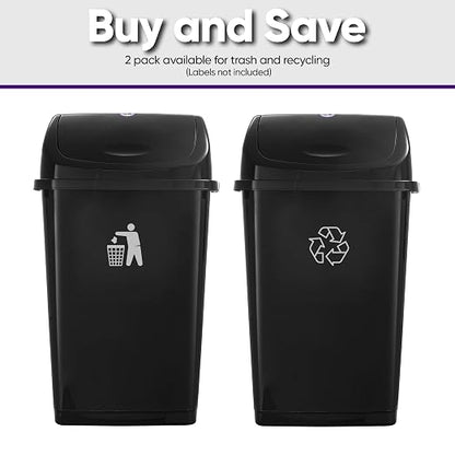 Superio Kitchen Trash Can 13 Gallon with Swing Lid, Plastic Garbage Can Outdoor and Indoor, Large 52 Qt Recycle Bin and Waste Basket for Home, Office, Garage, Patio, Restaurant (Black, 2 Pack)