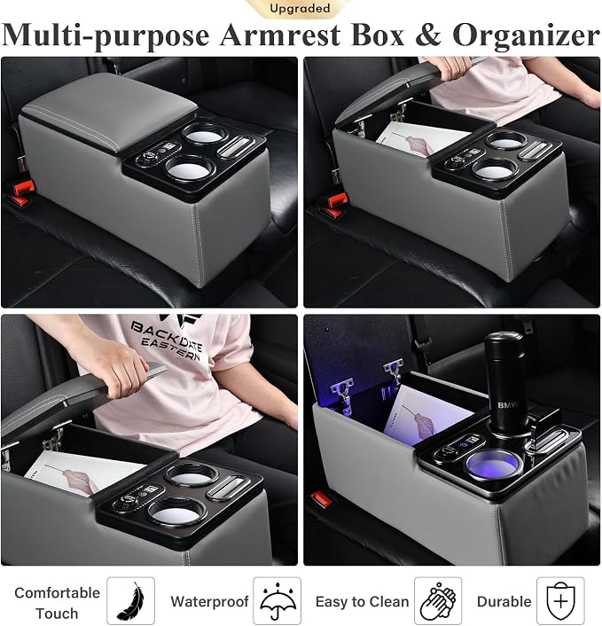 Coverado Car Center Console, Universal Bench Seat Consoles, Truck Center Console Automotive Center Console, Back Seat Organizer With Cup Holder+Phone Holder, Central Armrest Storage Box (Update, Gray)