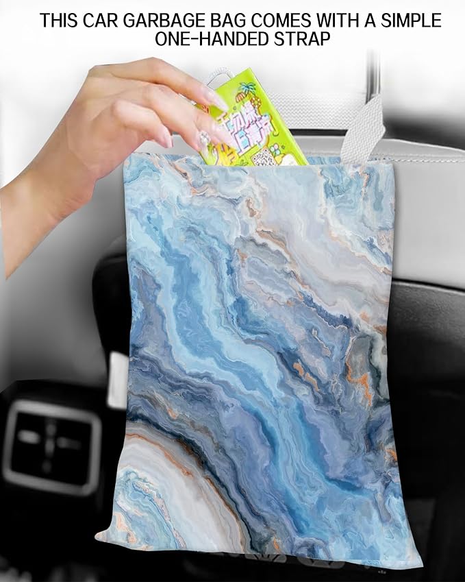 Car Garbage Can, Car Trash Bag, Hanging Car Trash Can Bag for Vehicle, Travelling, Camping, Cute Car Back Seat Organizer, Luxury Blue Marble