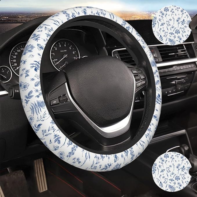 Vintage Blue Flower Steering Wheel Cover Car Decor