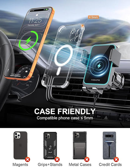 MOKPR Wireless Car Charger, Auto Clamping Car Charger Dash Windshield Air Vent Phone Holder Compatible with iPhone 17 16 15 14/13/13 Pro/12 pro/12/11/X/8, Samsung S24/S23/S22