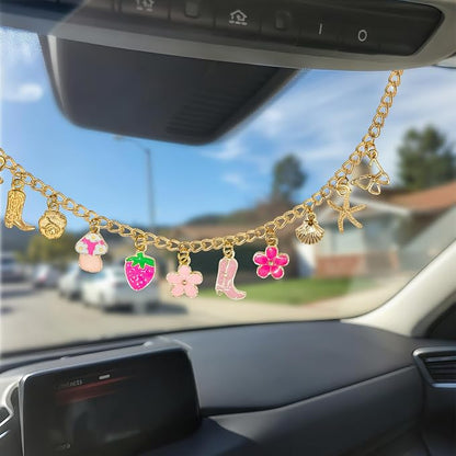 Strawberry & Flower Seashell Butterfly Rear View Mirror Charm – Cute Boho Car Hanging Decor with Bow, Lucky Mushroom & Cowboy Boot, Car Accessories for Women, Gift for Drivers