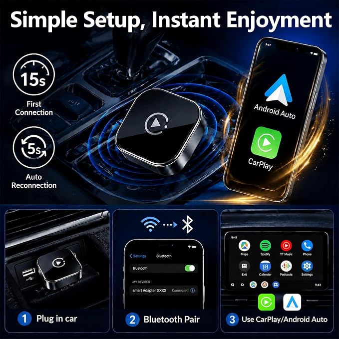 Wireless CarPlay & Android Auto Adapter for Cars, Converts Wired CarPlay to Wireless, Fast Auto Connect, Plug and Play, Stable Bluetooth WiFi Connection for iPhone and Android