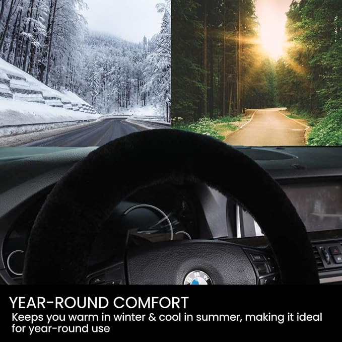 Andalus Brands Luxury Fluffy Car Steering Wheel Covers – Genuine Merino Sheepskin, Soft Fuzzy Car Steering Wheel Cover for Women, Universal 14.5-15" Size, Plush Fur Cute Auto Accessories, Black