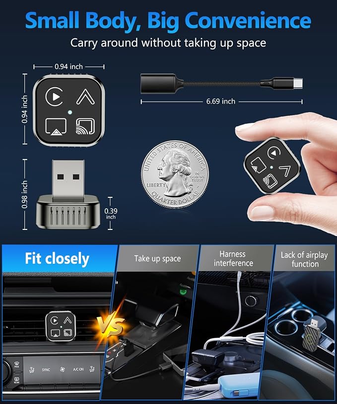 2026 4 in 1 Mini Wireless CarPlay Android Auto Adapter, Support AirPlay MirrorLink, Convert Wired to Wireless, Auto Connect for Daily Commute, Plug and Play Dongle (Gunmetal Grey)