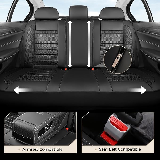 Coverado Car Seat Covers Full Set, Luxury Leather Car Seat Covers, Automotive Front and Rear Mesh Seat Covers, Full Set 5 Seats, Black Seat Covers for SUV Sedan Truck
