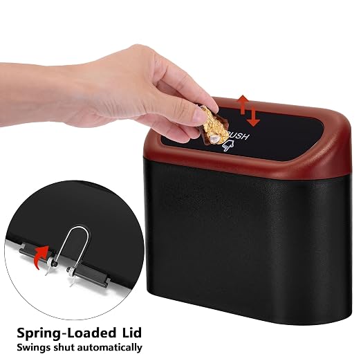 Ginsco Mini Car Trash Can with Lid, Small Car Garbage Can, Cute Leakproof ABS Car Trash Bin, Car Accessories for Interior, Garbage Bin for Car, Home, Office with 120pcs Trash Bags Black/Red