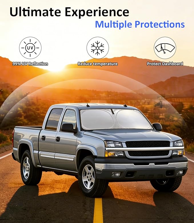 Windshield Sun Shade for 1999-2006 Chevrolet Chevy Silverado/GMC Sierra 1500 2500 3500 2500HD Accessories Car Front Window Sun Visor & Heat Shield | 240T Sunshade Protection Blocks UV Rays