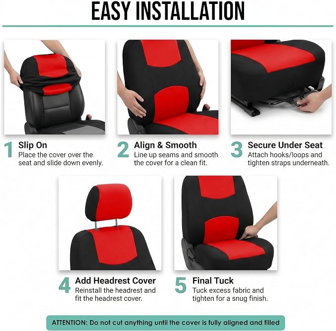 FH Group Bright Flat Cloth Full Set Automotive Seat Covers Front Set and Rear Solid Bench Red Black Seat Covers w. Gift Universal Fit Interior Accessories for Cars Trucks and SUVs