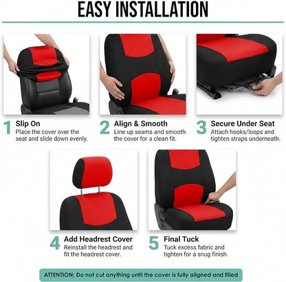 FH Group Bright Flat Cloth Full Set Automotive Seat Covers Front Set and Rear Solid Bench Red Black Seat Covers w. Gift Universal Fit Interior Accessories for Cars Trucks and SUVs