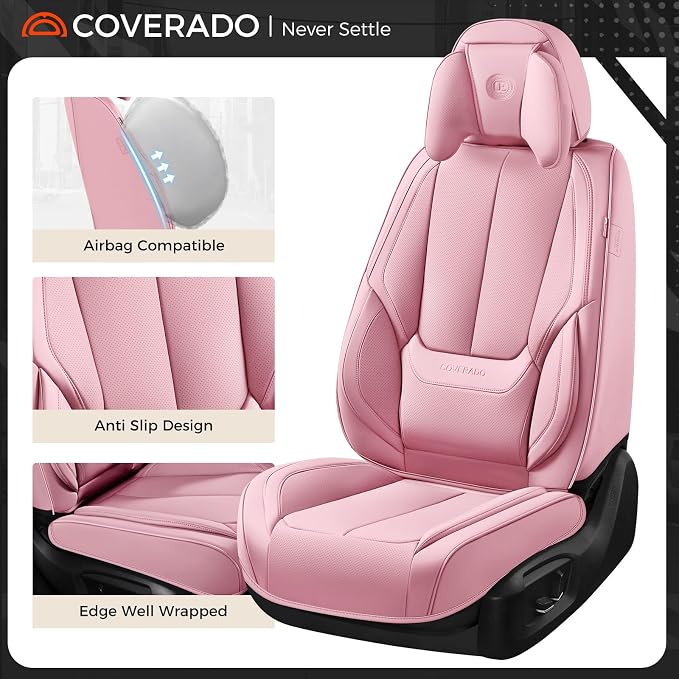 Coverado Seat Covers, Car Seat Covers Front Seats, Car Seat Cover, Car Seat Protector Waterproof, Seat Cushion Nappa Leather with Head Pillow, Carseat Cover Universal Fit for Most Cars (Pink)