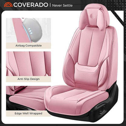 Coverado Seat Covers, Car Seat Covers Front Seats, Car Seat Cover, Car Seat Protector Waterproof, Seat Cushion Nappa Leather with Head Pillow, Carseat Cover Universal Fit for Most Cars (Pink)