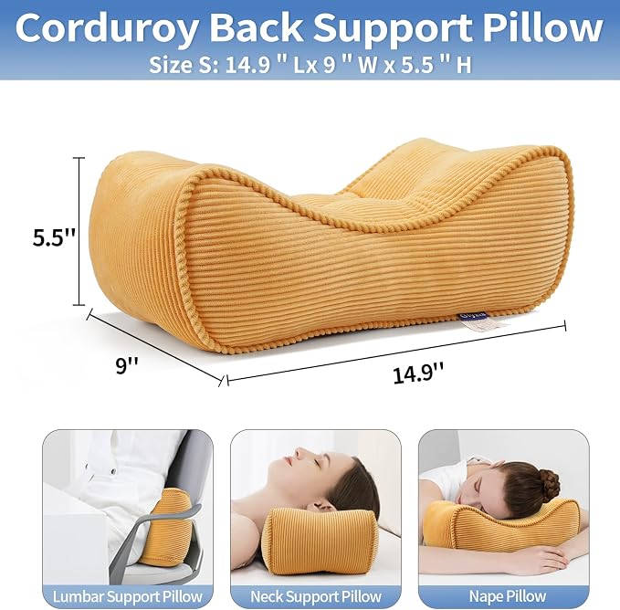 Lumbar Support Pillow for Study Desk Chair, Bite-Size Natural Latex Foam Back Support Pillow for Lower Back Pain Relief, Soft & Support Corduroy Office Chair Cushion, S, Yellow