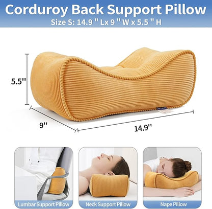 Lumbar Support Pillow for Study Desk Chair, Bite-Size Natural Latex Foam Back Support Pillow for Lower Back Pain Relief, Soft & Support Corduroy Office Chair Cushion, S, Yellow