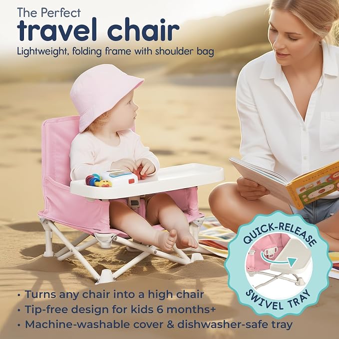 Hiccapop OmniBoost Travel Booster Seat with Tray for Baby | Folding Portable Baby Booster Seat for Dining Table, Camping, Beach, Grandma’s | Tip-Free Design Straps to Kitchen Chairs - Booster Chair
