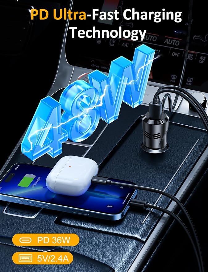 Bluetooth Car Adapter | with Phone Holder, PD 48W Fast Charging, Strong Microphone, HiFi Bass Sound, Hands-Free Call, Support USB/TF Drive