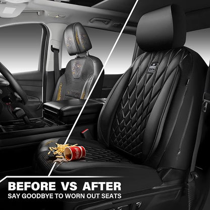 CAR PASS Piping Luxury Faux PU Leather Two Front Car Seat Covers, Waterproof Anti Slip Seat Covers Compatible with Front Seat Armrests,Universal Fit for Suvs,Vans,Trucks, Airbag Compatible(All Black)