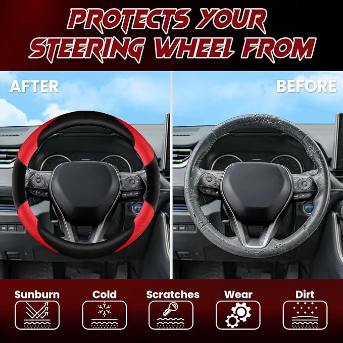 Soft Leather Steering Wheel Cover with Breathable Design and Anti-Slip Grip, Specially Designed for 14.5-15.2 inch Circular Steering Wheels