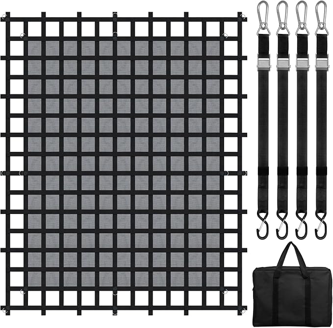 VEVOR Cargo Net with Mesh, 120 in x 105 in, Heavy Duty Truck Cargo Net-(WLL) 1,500lbs, 4 Adjustable Straps with Carabiners & S-Hooks, Truck Bed Cover for Trailer, Pickup, Boat, Jeep, SUV 8.75’x10’