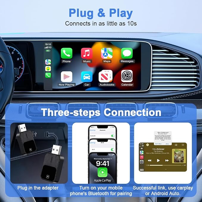 Flintronic Wireless CarPlay Adapter, 2-in-1 Wireless CarPlay & Android Auto Adapter, Plug and Play Car Play Donglewith USB & Type-C for IOS12+/Android11+ Phones