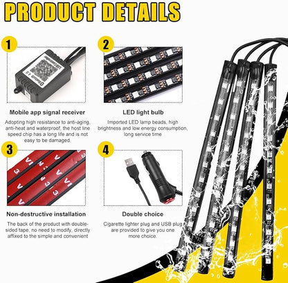povtii Car Led Interior Lights, RBG 48 LED Multicolor Music Auto Interior Strip Light with APP Control, Waterproof Lighting Lamp Kit Under Dash with Charger, Car Accessories (Cigarette Lighter)